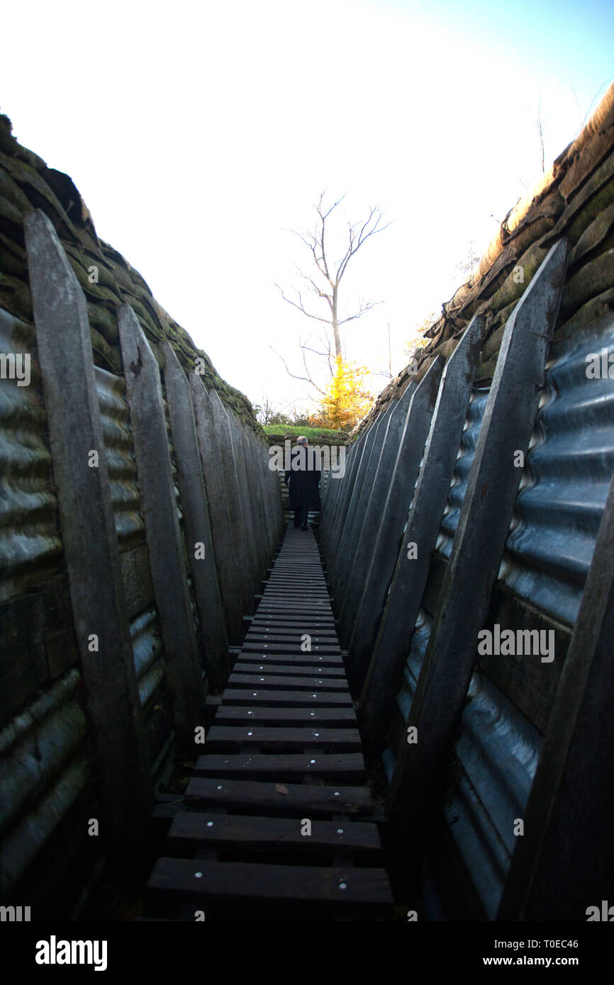 Replica trenches constructed at the Memorial Museum Passchendaele were you can experience conditions of trench warfare from WW1 Stock Photo