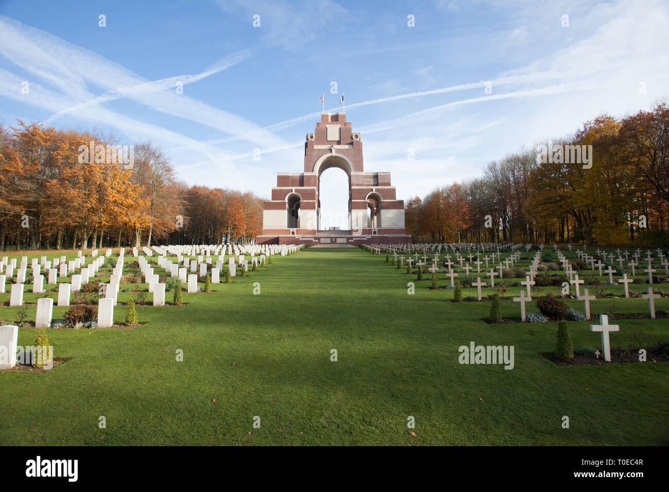 The Theipval memorial commemorates more than 72,000 troops who died in the Somme sector before 20 March 1918 and have no known graves. Stock Photo