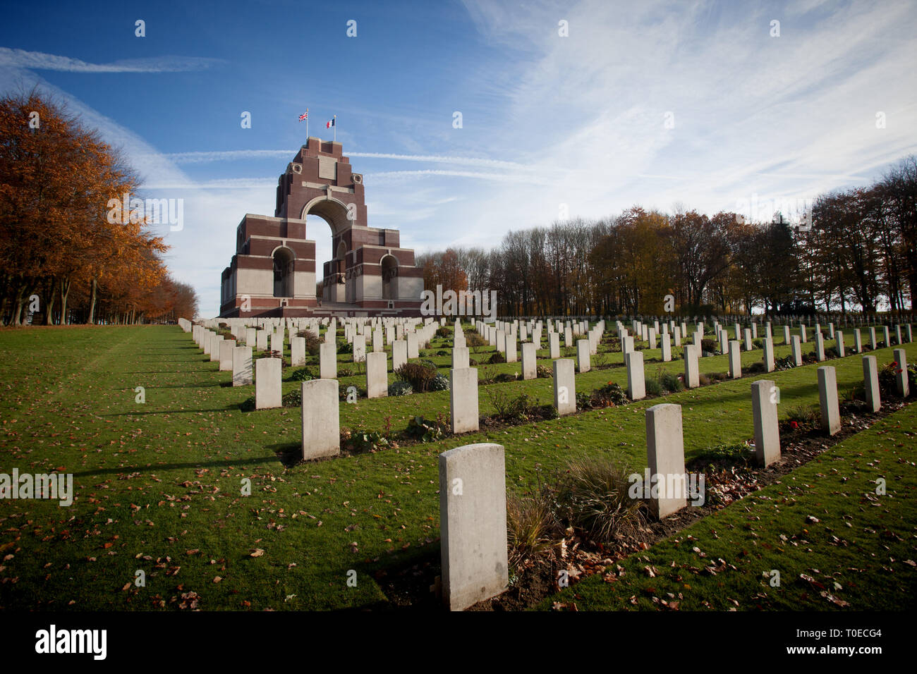 The Theipval memorial commemorates more than 72,000 troops who died in the Somme sector before 20 March 1918 and have no known graves. Stock Photo