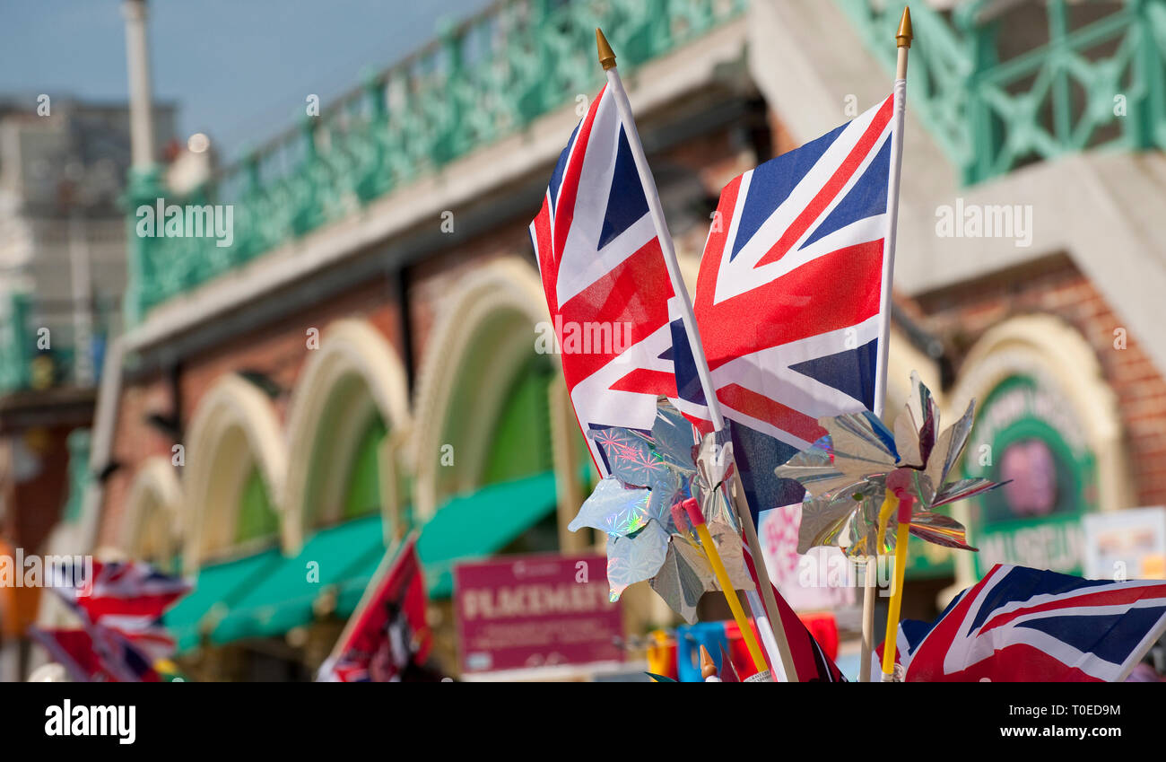 Union jack flags for sale outside a souvenir shop in the seaside town