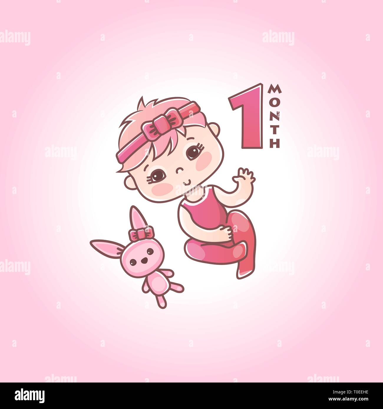 Little baby girl with pink bow and toy bunny. Stages of child ...