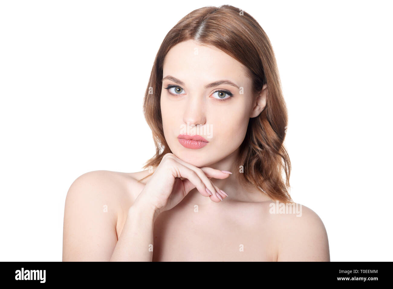 Close up portrait of beautiful young woman with perfect skin on white ...