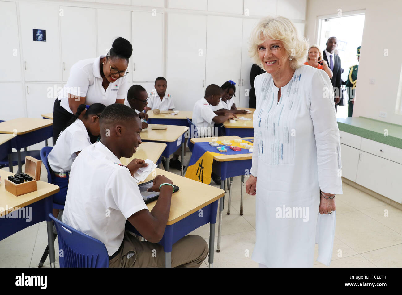 The Duchess of Cornwall meets staff and pupils as she attends a Big Lunch event at the Derrick Smith School, Jackmans, Barbados. Stock Photo