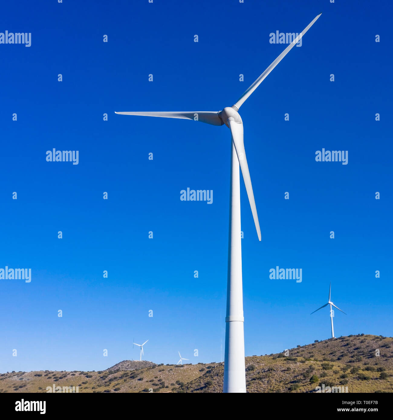 group of wind  turbine with a plain blue sky background  for copy space shot from above Stock Photo