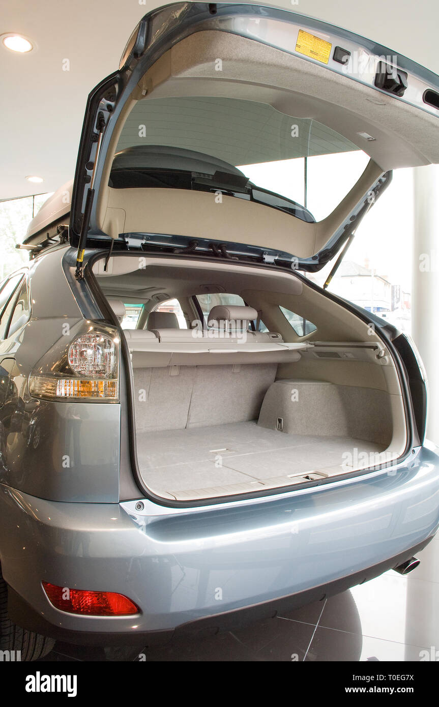 An open trunk, boot in a Lexus car on display in a Lexus showroom Stock
