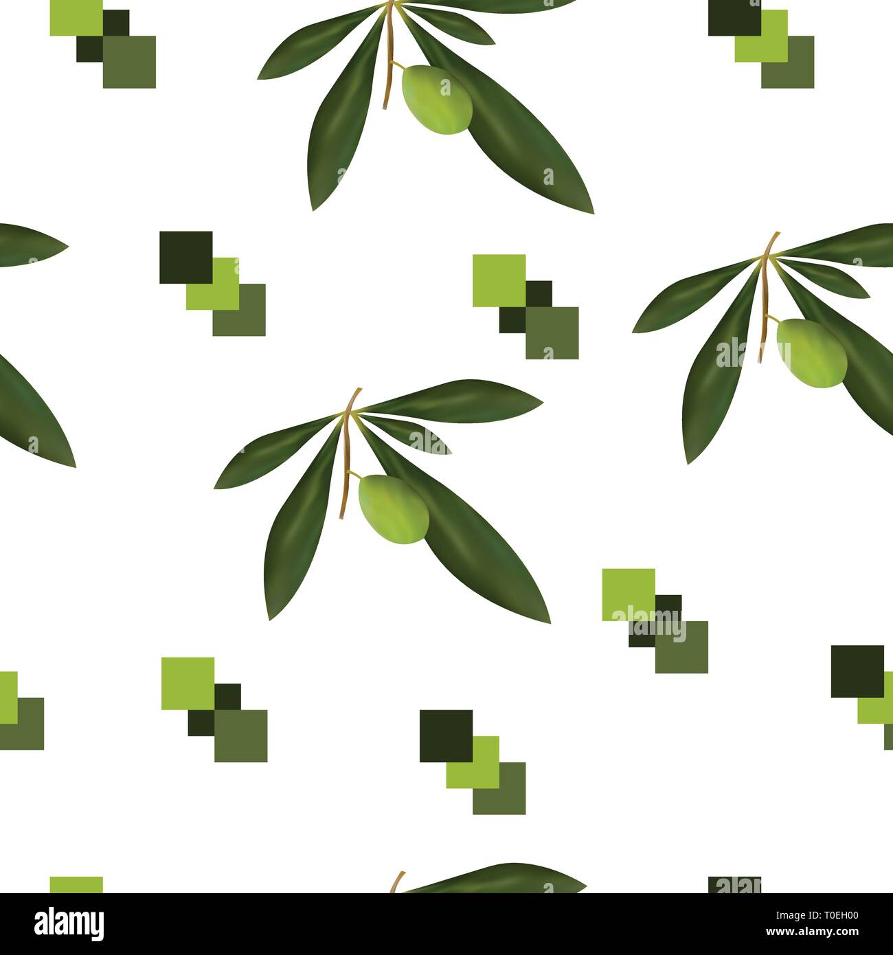 seamless pattern with olive tree vector and green squares on white ...