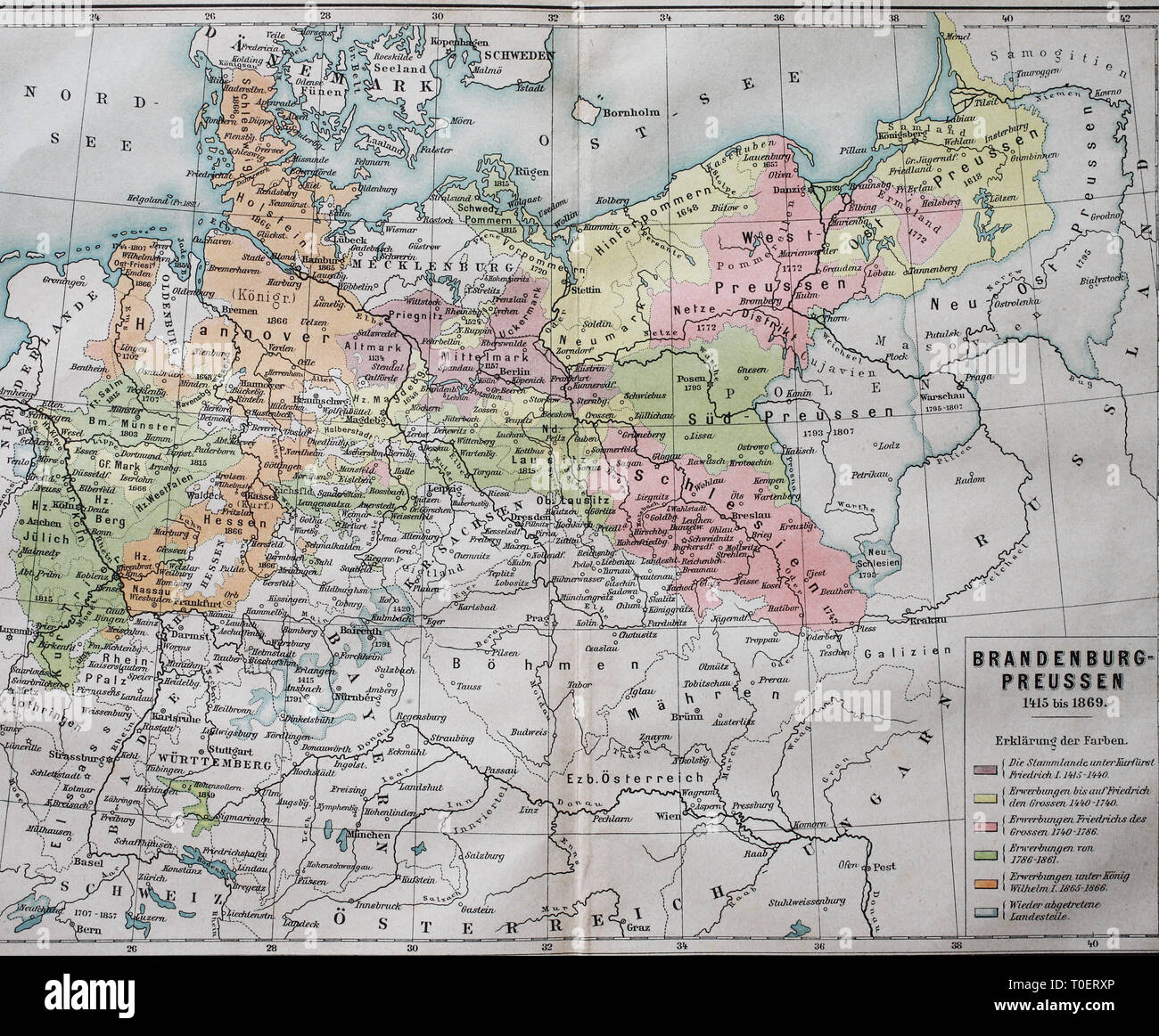 historical map, Brandenburg-Prussia from 1415-1869  /  Historische Landkarte, Brandenburg-Preussen von 1415-1869 Stock Photo