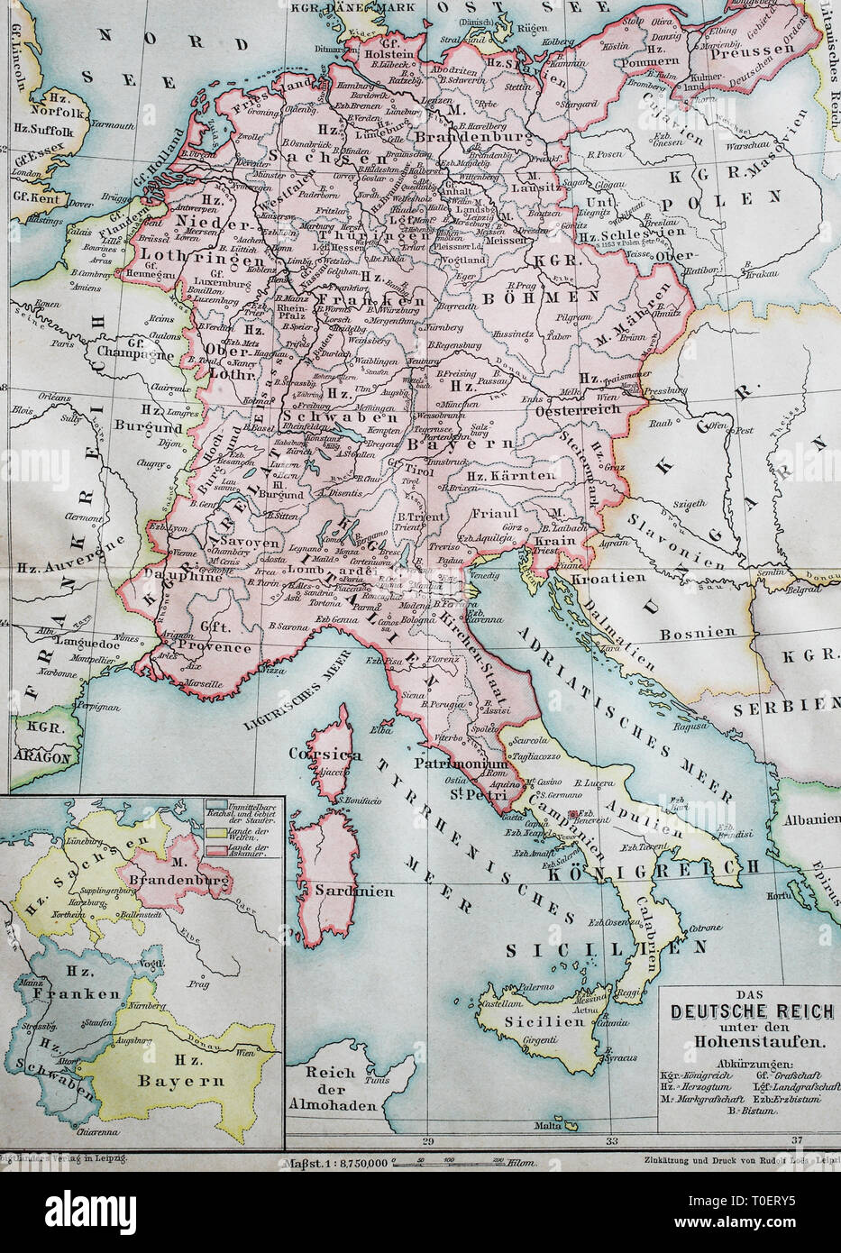 Historical map of the german empire at the time of the Hohenstaufen, ca 1200  /  Historische Landkarte, das Deutsche Reich unter den Hohenstaufen, ca 1200 Stock Photo