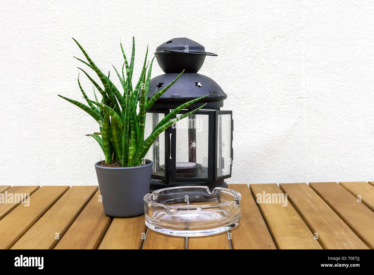 Old glass lantern with candle, Sansevieria cylindrica (cylindrical snake plant) potted flower and ashtray on wooden table by white wall background. Ho Stock Photo
