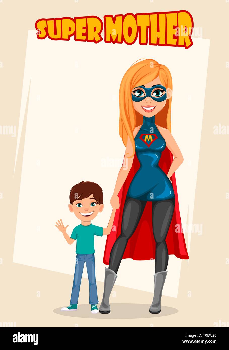 Super mother woman superhero. Concept of woman wearing superhero costume. Cartoon character standing with her son. Vector illustration Stock Vector