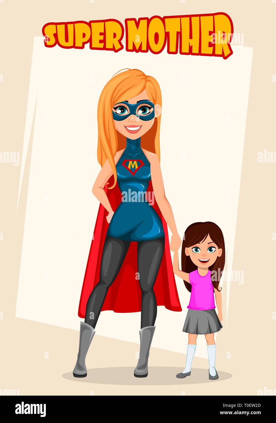 Super mother woman superhero. Concept of woman wearing superhero costume. Cartoon character standing with her daughter. Vector illustration Stock Vector
