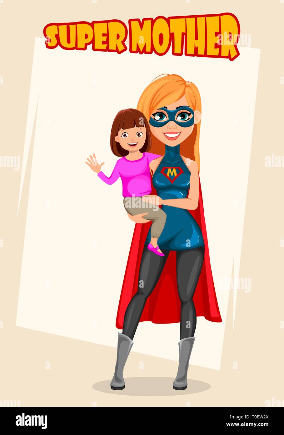 Super mother woman superhero. Concept of woman wearing superhero costume. Cartoon character holding her daughter. Vector illustration Stock Vector