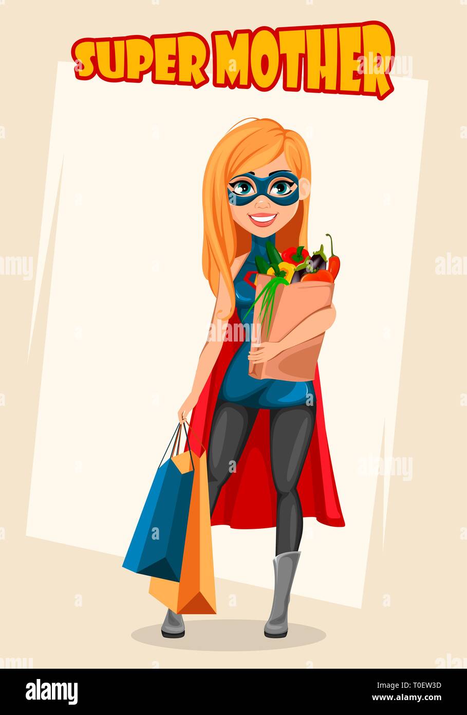 Super mother woman superhero. Concept of woman wearing superhero costume. Cartoon character holding shopping bags. Vector illustration Stock Vector