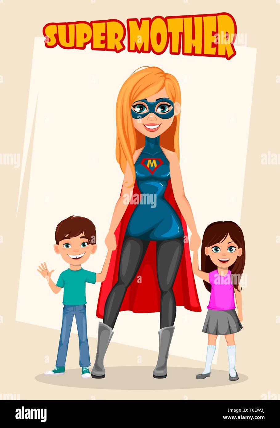 Super mother woman superhero. Concept of woman wearing superhero costume. Cartoon character holding her son and daughter. Vector illustration Stock Vector