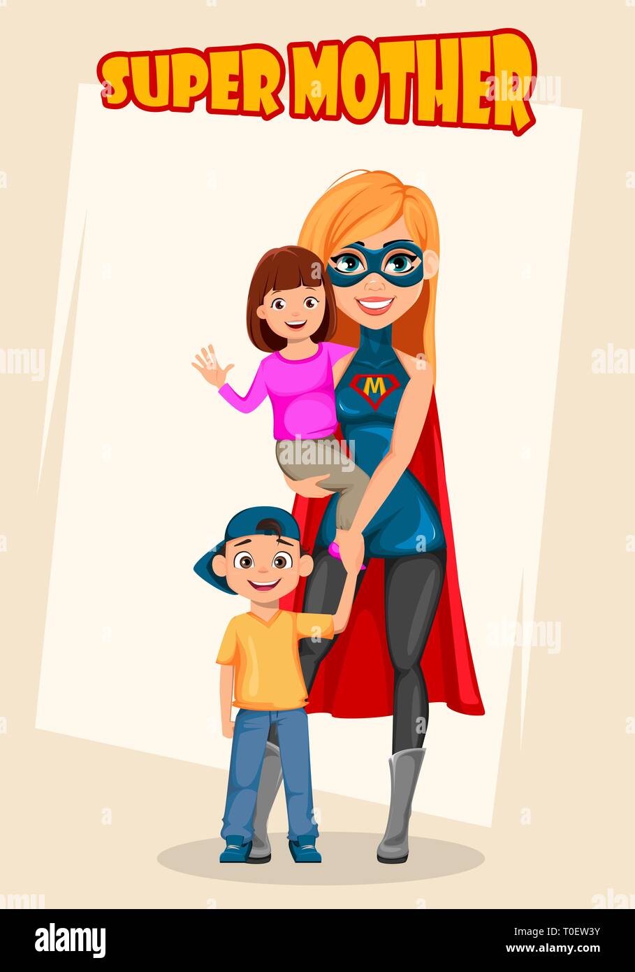 Super mother woman superhero. Concept of woman wearing superhero costume. Cartoon character standing with her son and daughter. Vector illustration Stock Vector