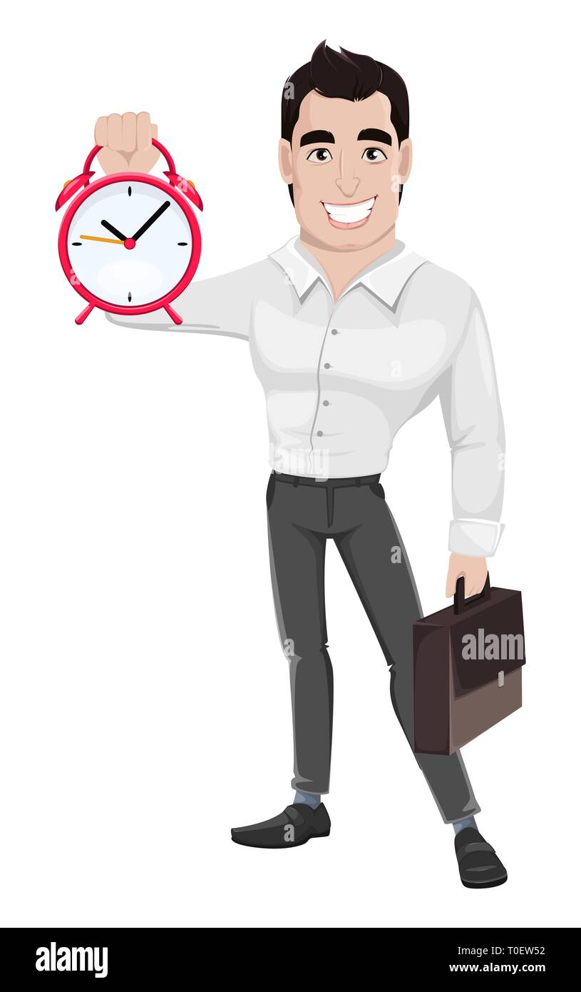 Young happy smiling business man. Muscular handsome businessman holding briefcase and alarm clock. Cartoon character. Vector illustration. Stock Vector