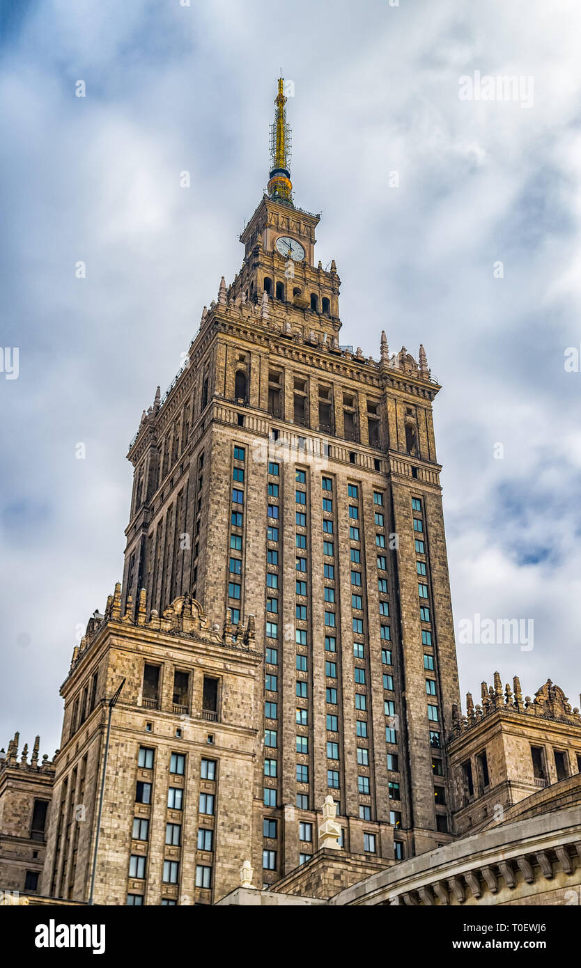 Tower of the palace. The Palace of Culture and Science in Warsaw Poland was donated by Stalin in 1955. Warsaw Poland. February 18, 2019. Stock Photo