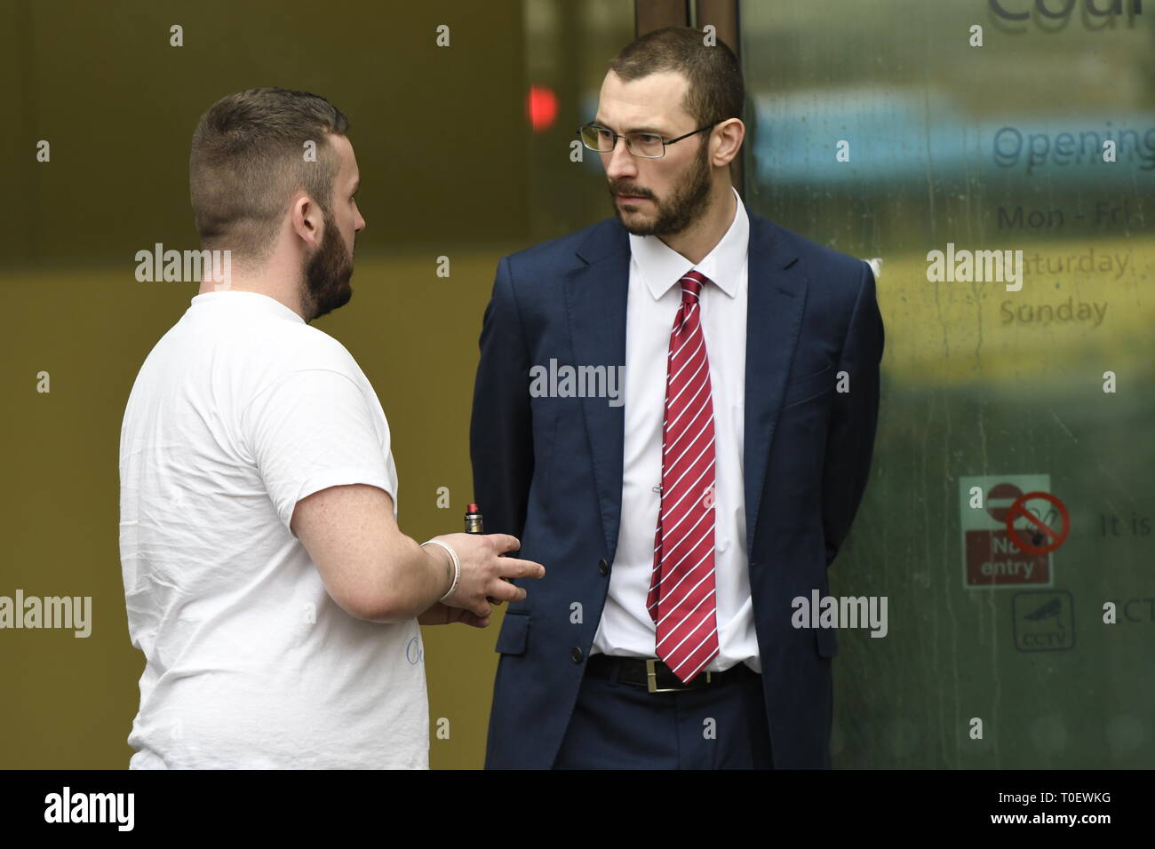 James Goddard (left) seen outside Westminster Magistrates’ Court.  Brexit protester and leading member of the 'Yellow Vest UK' movement James Goddard appeared at the Westminster Magistrates’ Court where he was charged for harassing MP Anna Soubry outside Parliament, and he is also accused of two public order offences against a police officer. Few supporters of Goddard where present outside Westminster Magistrates’ Court. Stock Photo