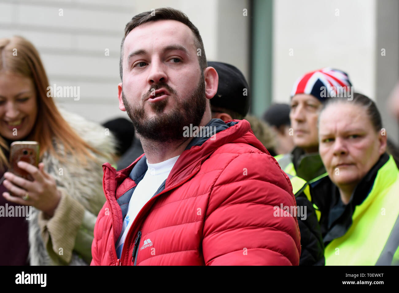 James Goddard seen outside Westminster Magistrates’ Court where he is being interviewed after the hearing. Brexit protester and leading member of the 'Yellow Vest UK' movement James Goddard appeared at the Westminster Magistrates’ Court where he was charged for harassing MP Anna Soubry outside Parliament, and he is also accused of two public order offences against a police officer. Few supporters of Goddard where present outside Westminster Magistrates’ Court. Stock Photo
