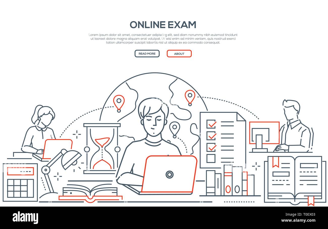 Online exam - line design style web banner Stock Vector