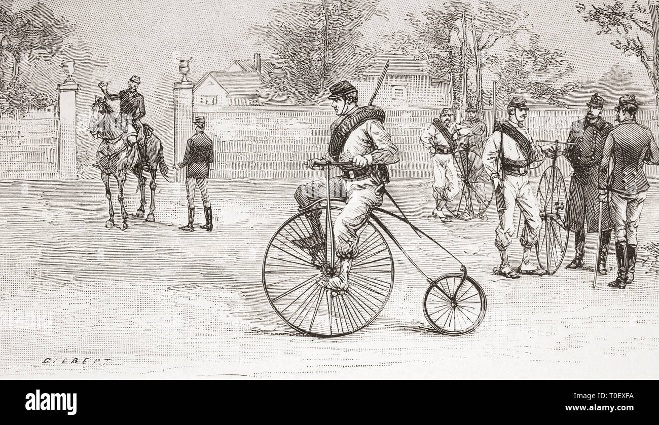 A French soldier riding a penny-farthing aka a high wheel, high wheeler and ordinary, 19th century.  From Ilustracion Artistica, published 1887. Stock Photo