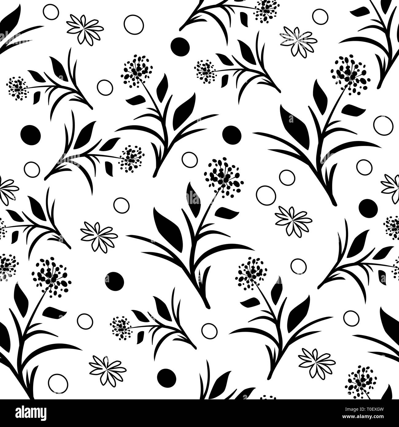 Black and white dandelions and polka dots vector pattern Stock Vector
