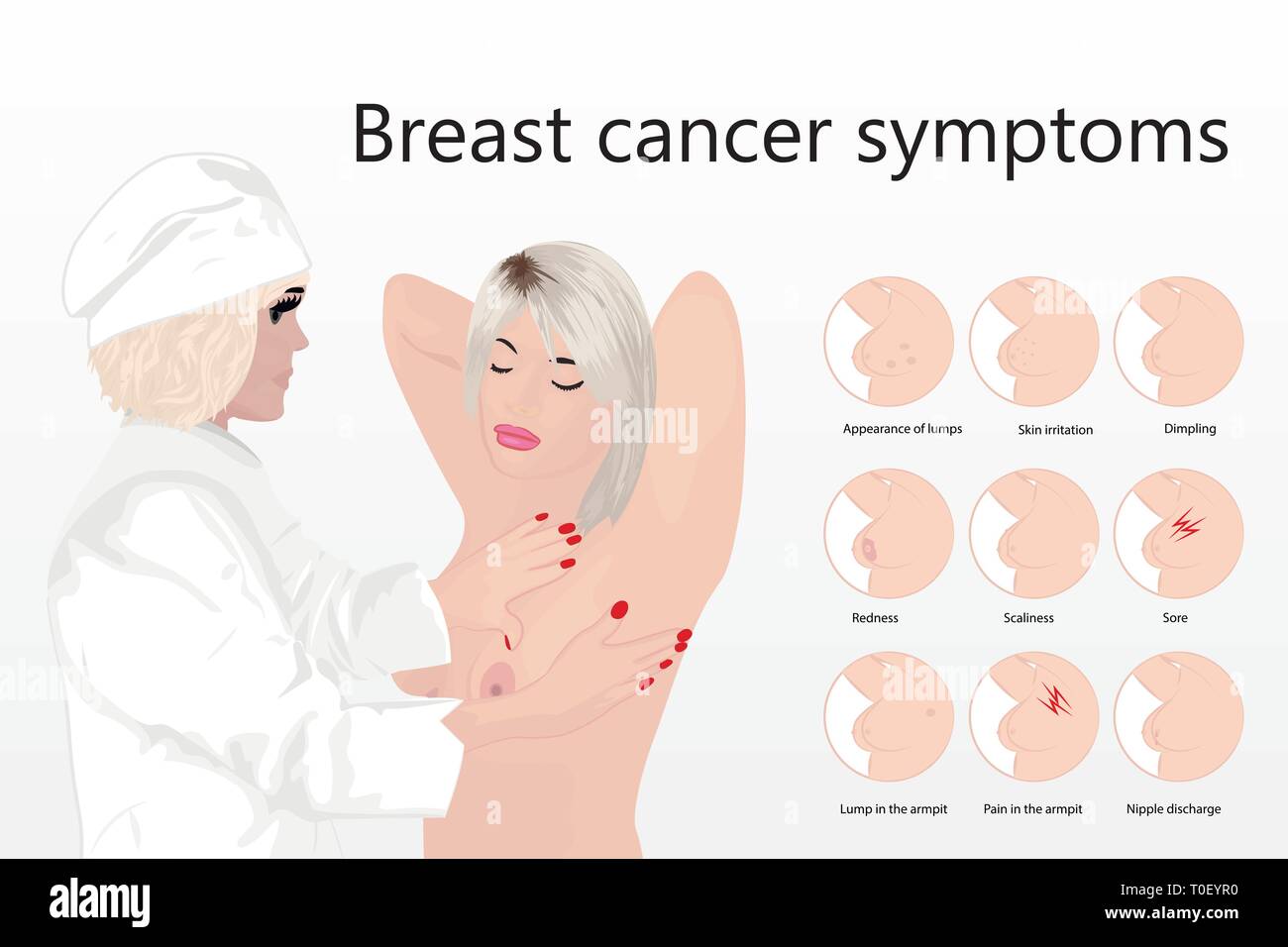 breast cancer symptoms and examination at a doctor  symptoms vector illustration Stock Vector