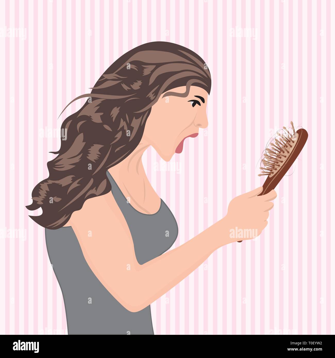 Young beautiful woman worried about hair loss holding comb looking at it Stock Vector