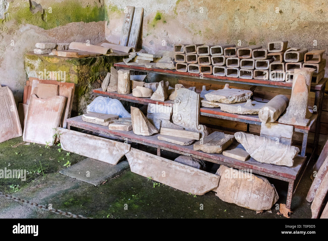 Display of artifacts at Villa Romana, an ancient Roman archaeological site hidden in the village of Minori, Italy on the Amalfi Coast Stock Photo