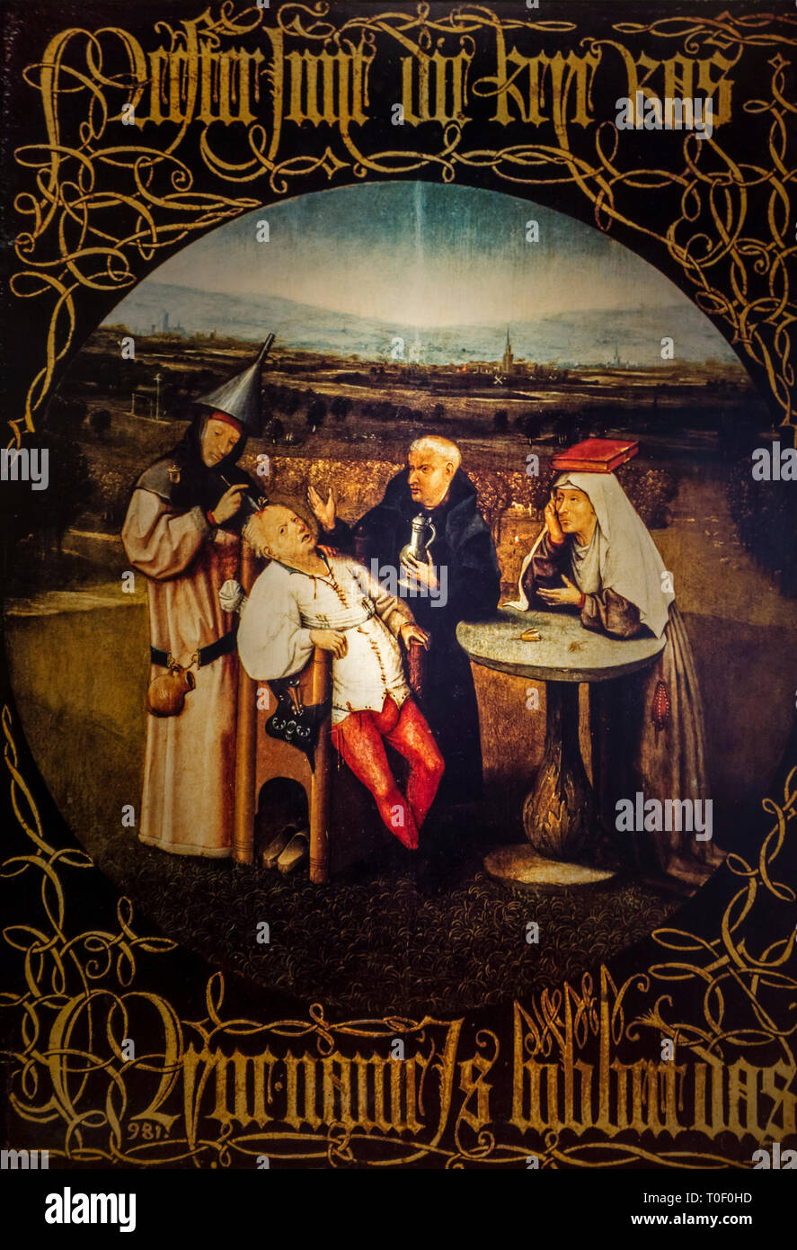 Painting by Hieronymus Bosch depicting trepanation / trepanning, surgical intervention in which a hole is drilled or scraped into the human skull Stock Photo