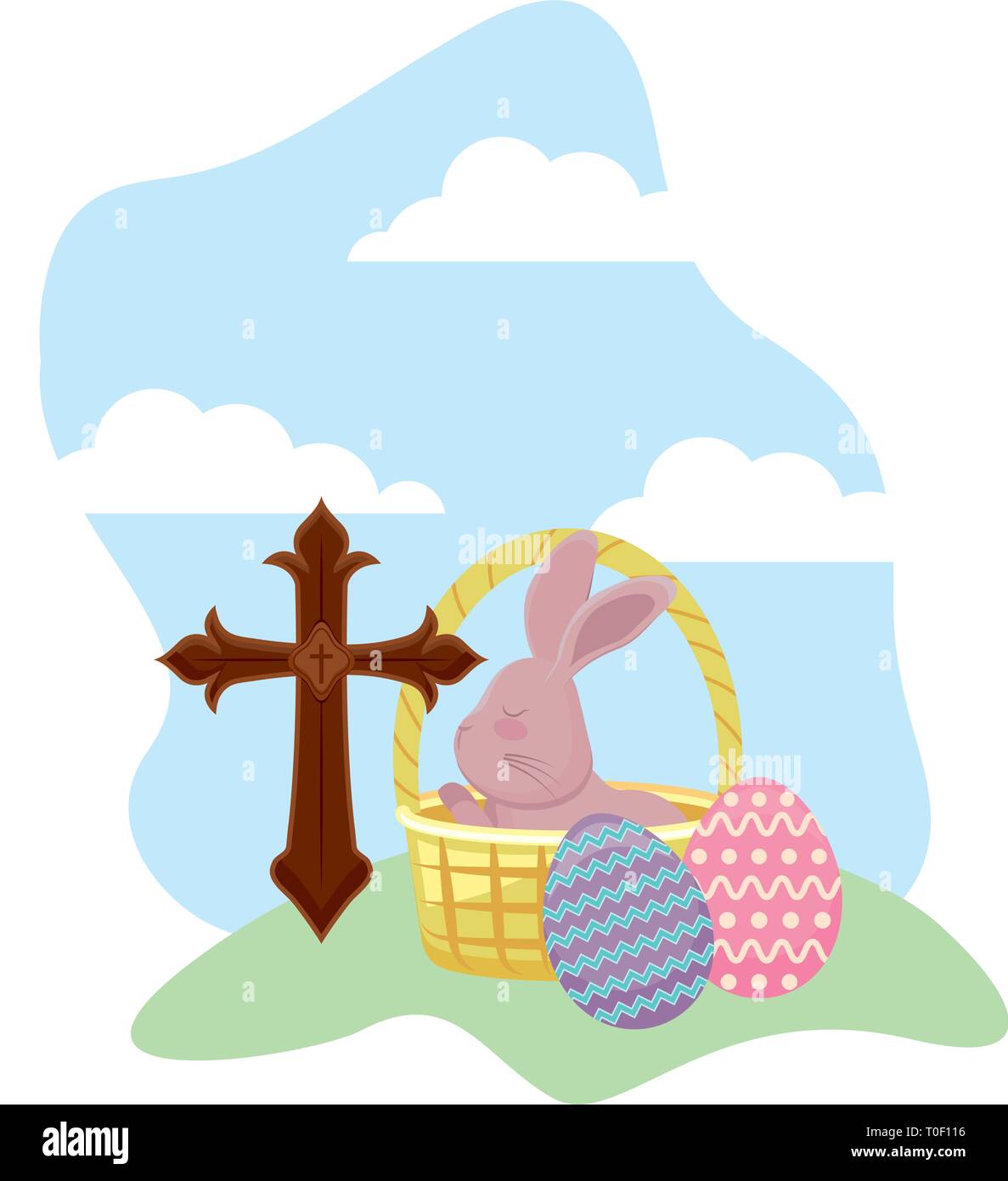 rabbit with eggs of easter and basket wicker vector illustration design ...