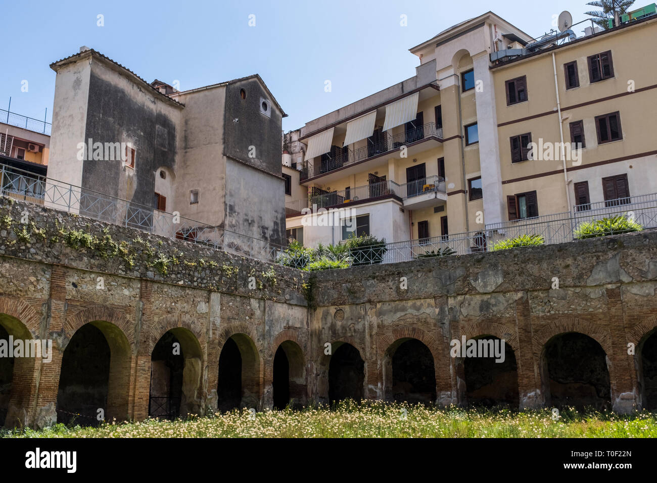 View from below street level of the Villa Romana, an ancient Roman archaeological site hidden in the village of Minori, Italy on the Amalfi Coast Stock Photo