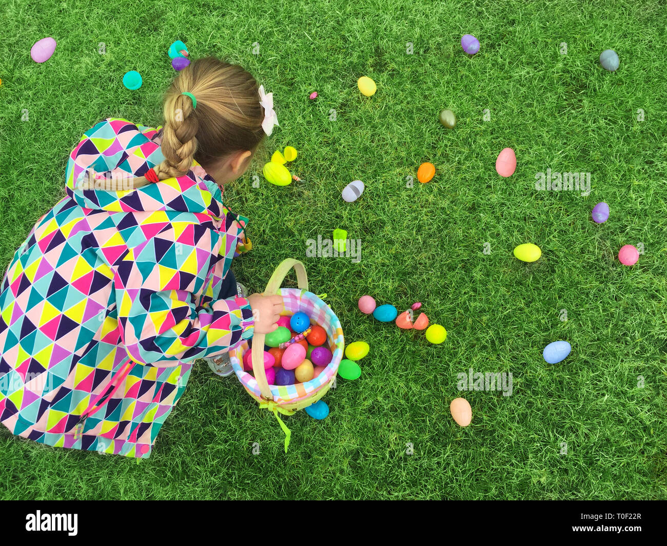Girl from the back on early easter egg hunt collecting colorful eggs from the green grass Stock Photo