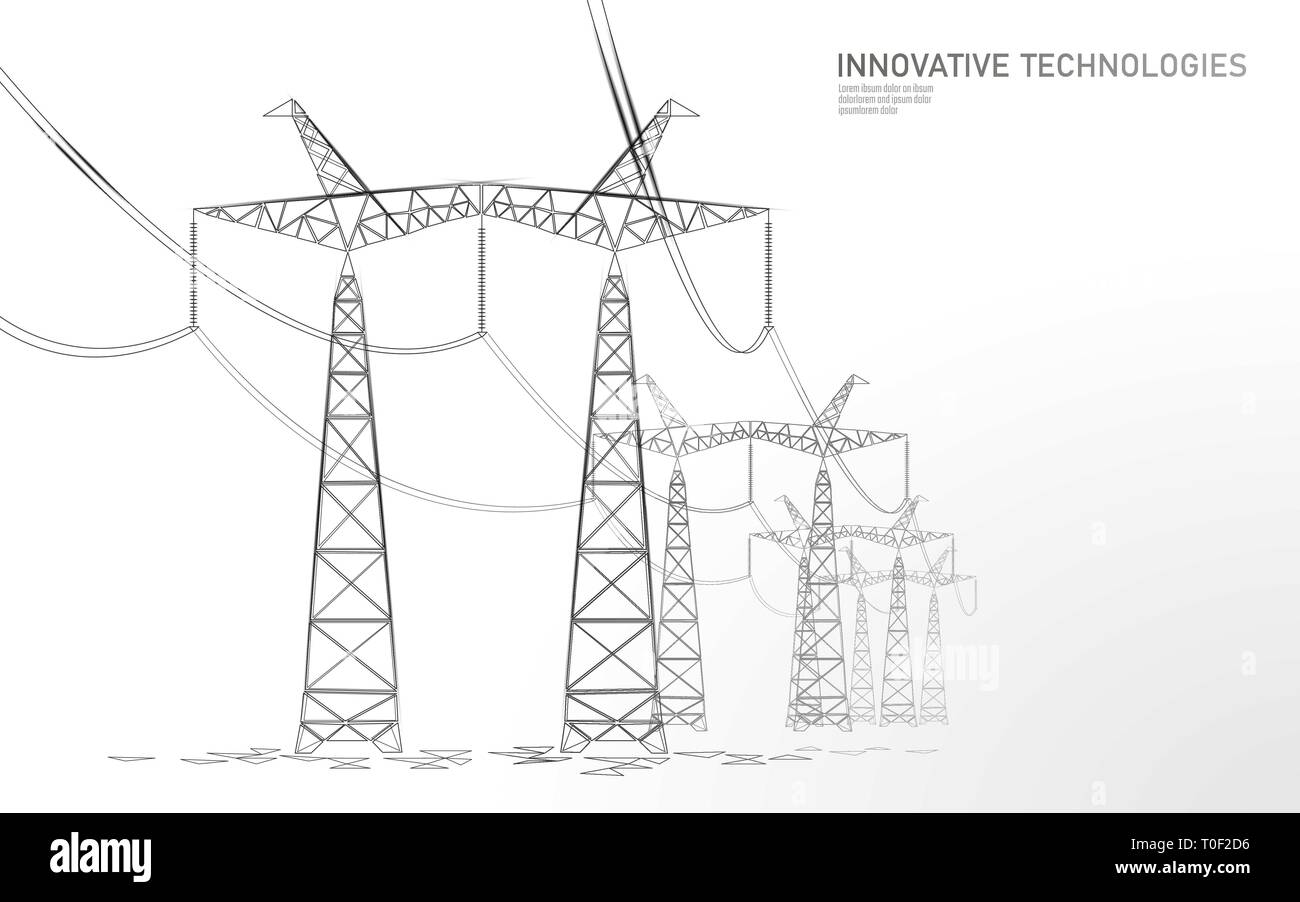 Low poly high voltage power line silhouette. Electricity supply industry pylons outlines on dark night blue sky. Innovation ecectrical technology Stock Vector