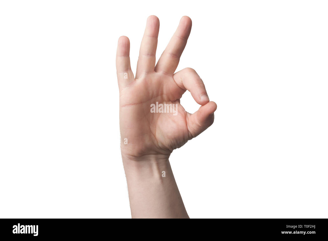 Hand mimic ok gesture (ring gesture) isolated on white background Stock Photo