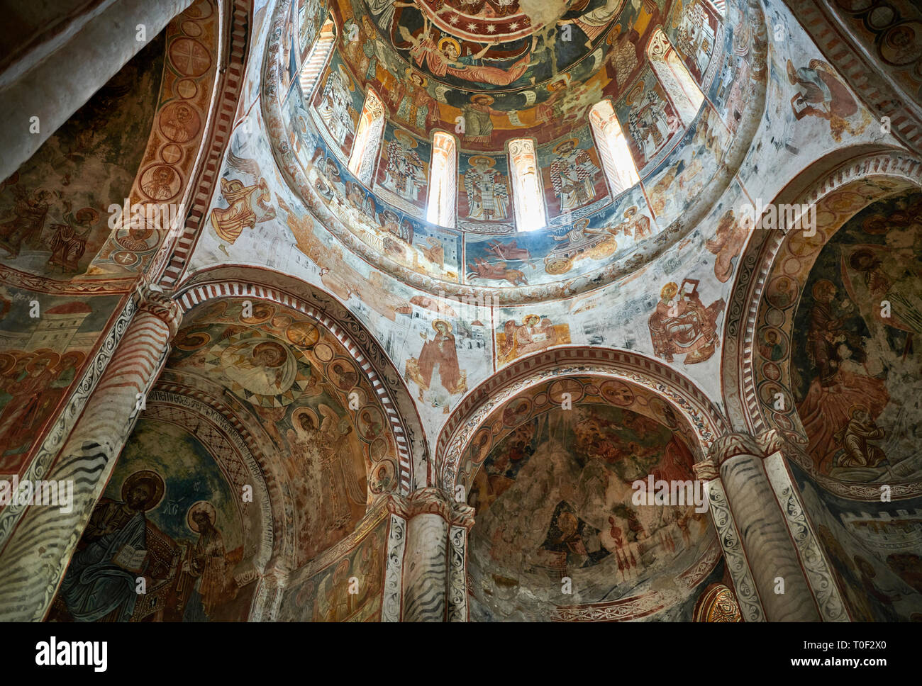 Pictures & images of Nikortsminda ( Nicortsminda ) St Nicholas Georgian Orthodox Cathedral rich interior frescoes of the cupola dome, 16th century, Ni Stock Photo