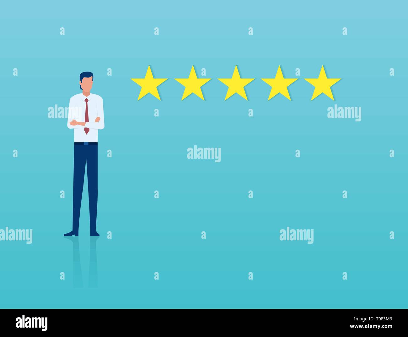 Excellent customer service concept. Vector of a confident businesman receiving a five star customer review Stock Vector