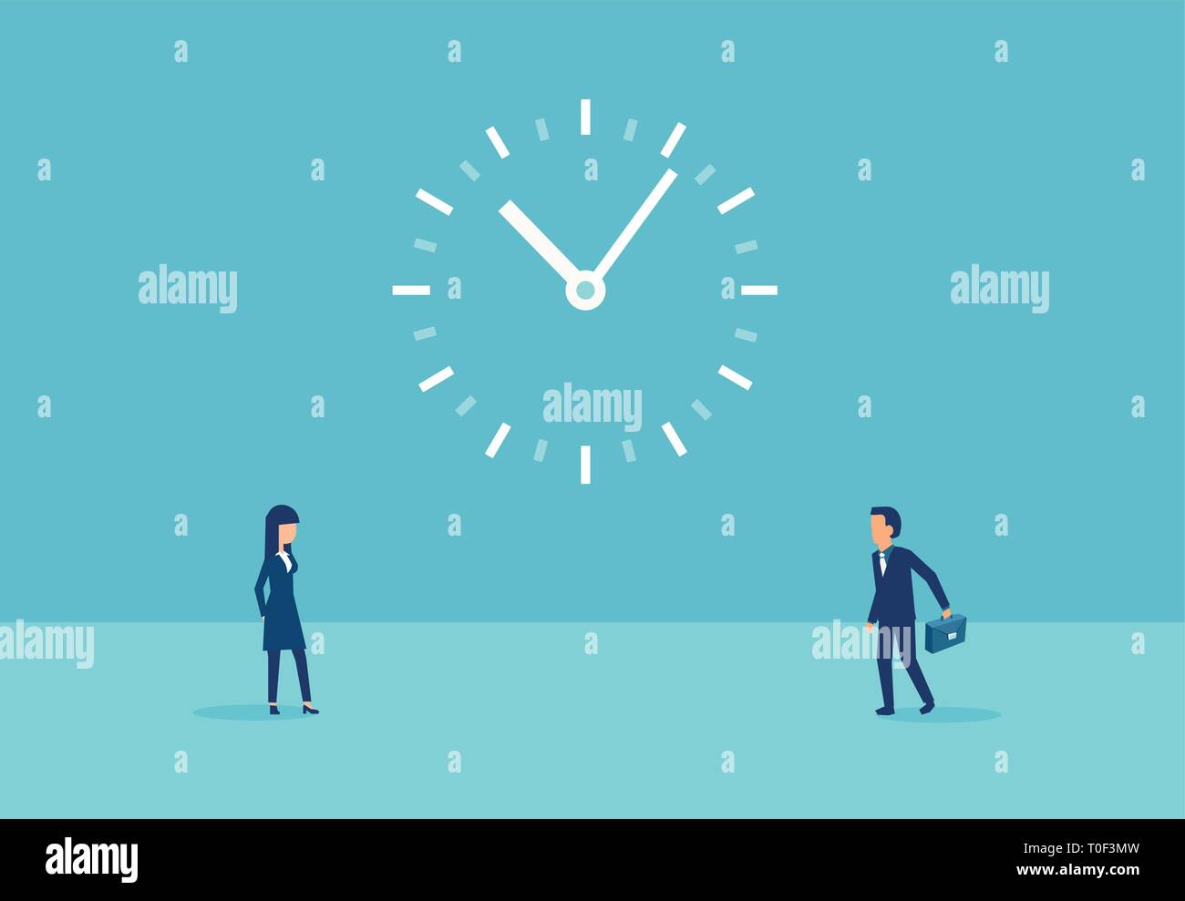 Vector of a businessman with a briefcases and a woman and a big clock between. Time management concept Stock Vector