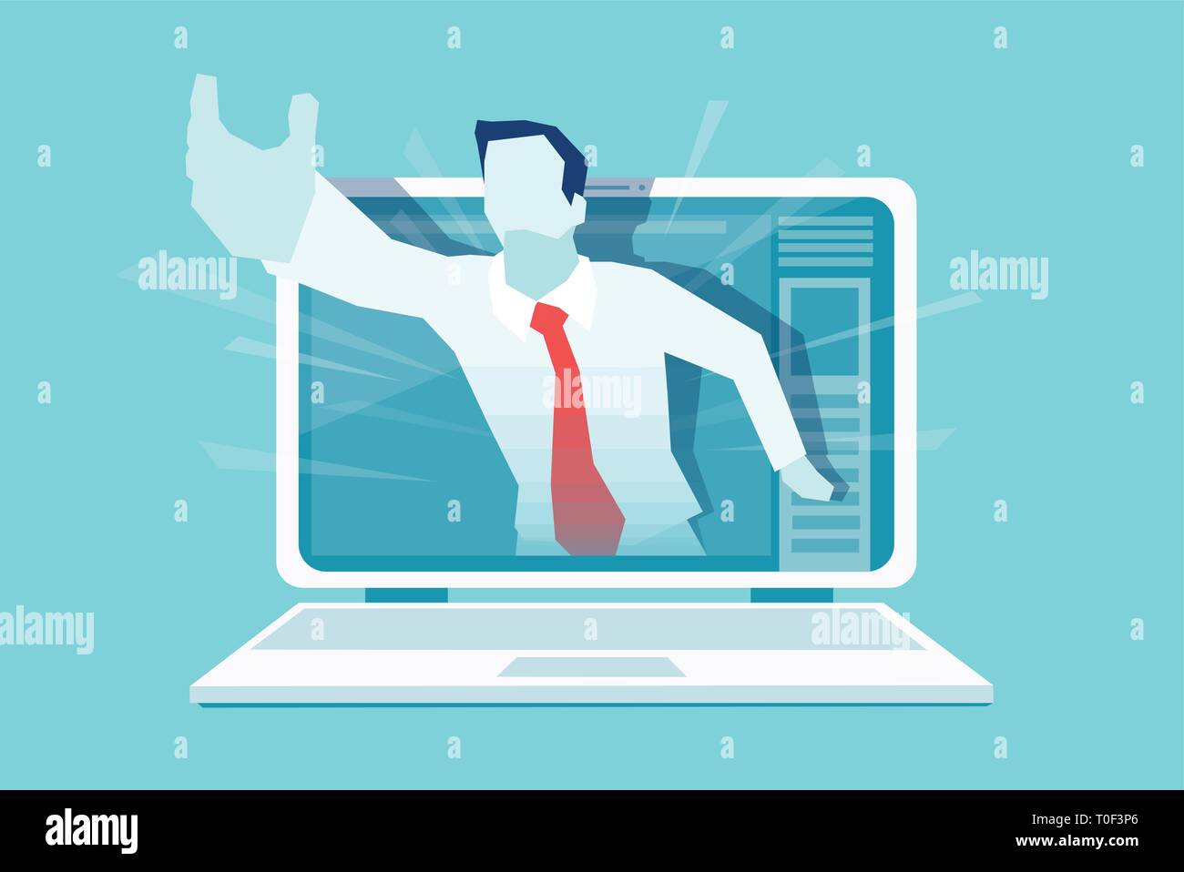 Vector of a businessman hand reaching out of the screen offering a help. Online customer service assistance concept Stock Vector