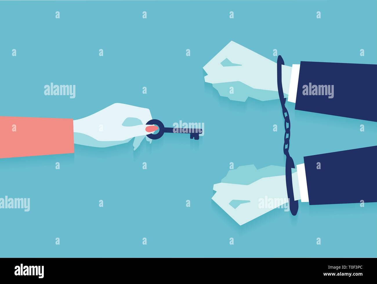 Vector of a female hand, unlocking male from handcuffs by key sending him free. Divorce concept. Stock Vector
