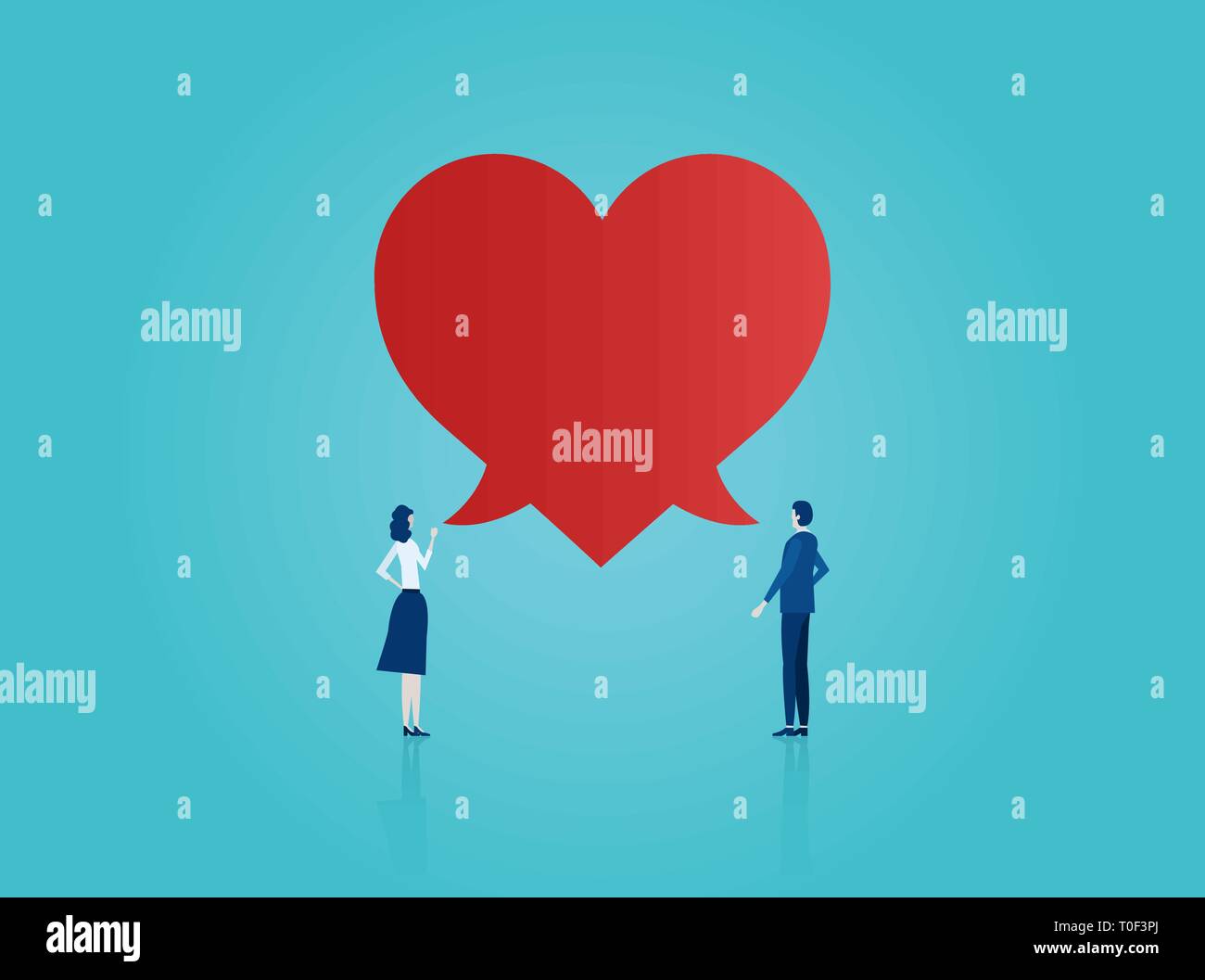 Vector of a man and woman facing each other with overlapping heart shaped as speech bubble having a romantic communication Stock Vector