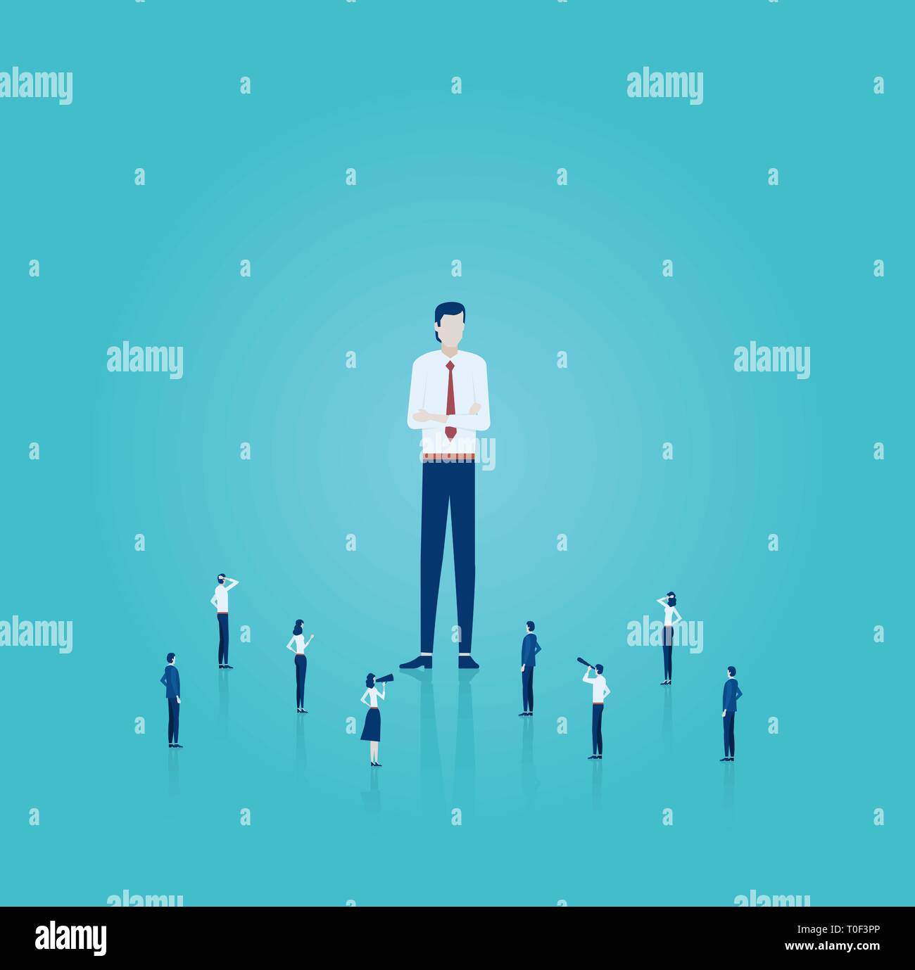 Vector of a big leader confident businessman surrounded by small employees Stock Vector