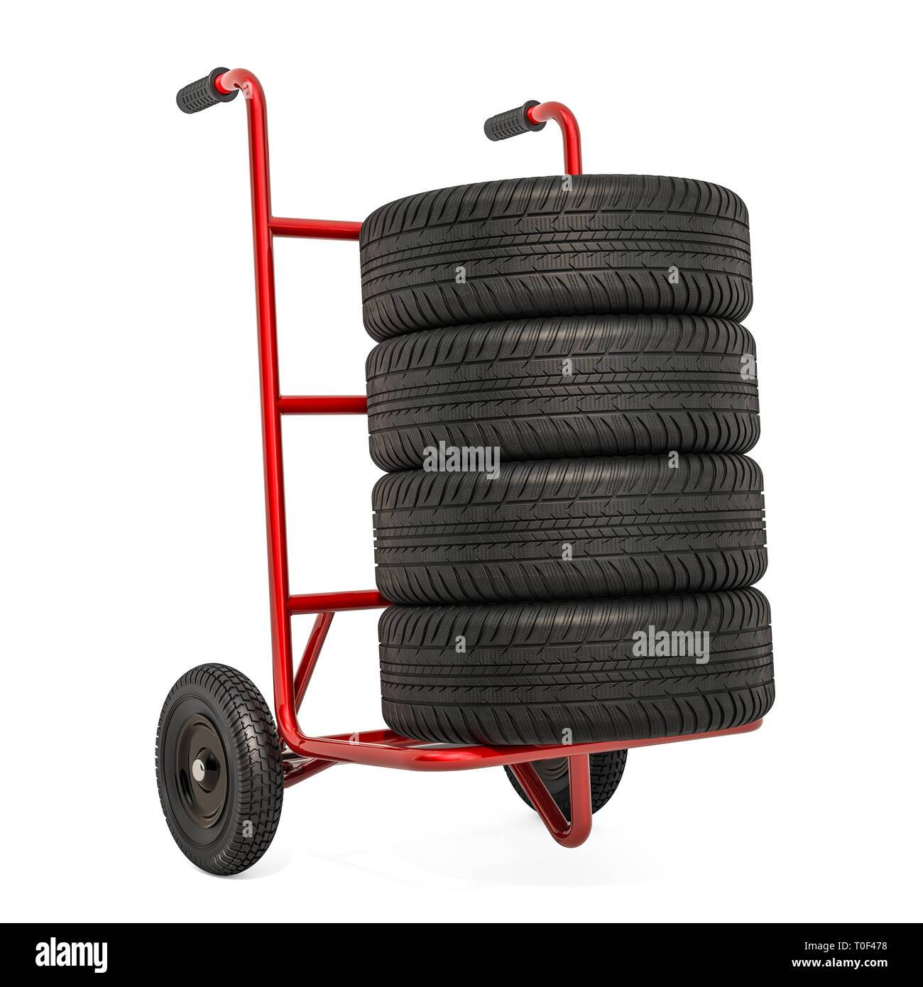 Hand truck with car tires. 3D rendering isolated on white background Stock Photo