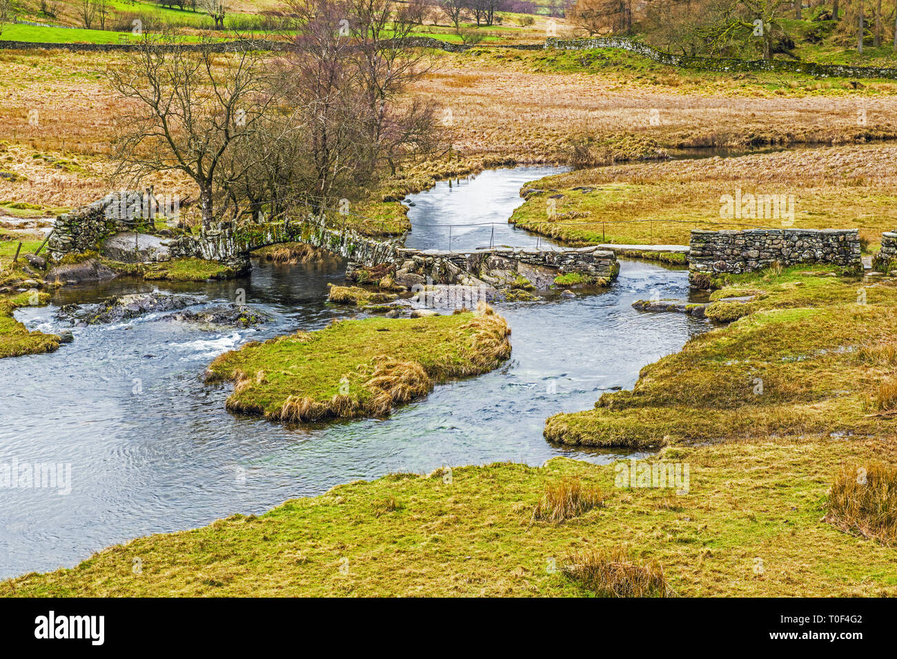 Looking down on Slater or Slaters Bridge crossing over the River Brathay in the Little Langdale Valley in the Lake District National Park Cumbria Stock Photo