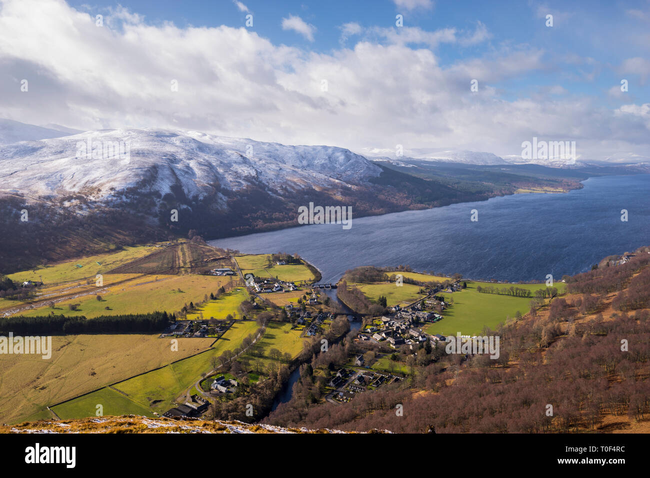 The village of Kinloch Rannoch and Loch Rannoch in winter viewed from Craig Var,Perthshire Scotland Great Britain UK Stock Photo