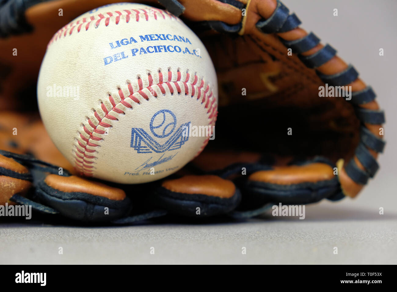 Game ball caught at a Mexican winter league game; Liga Mexicana del  Pacifico; baseball and glove Stock Photo - Alamy