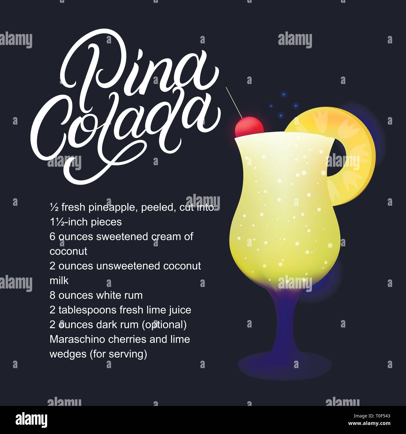Pina Colada alcohol cocktail recipe. Modern hand written lettering label.  Dark background. Trendy flat style. Vector illustration Stock Vector Image  & Art - Alamy