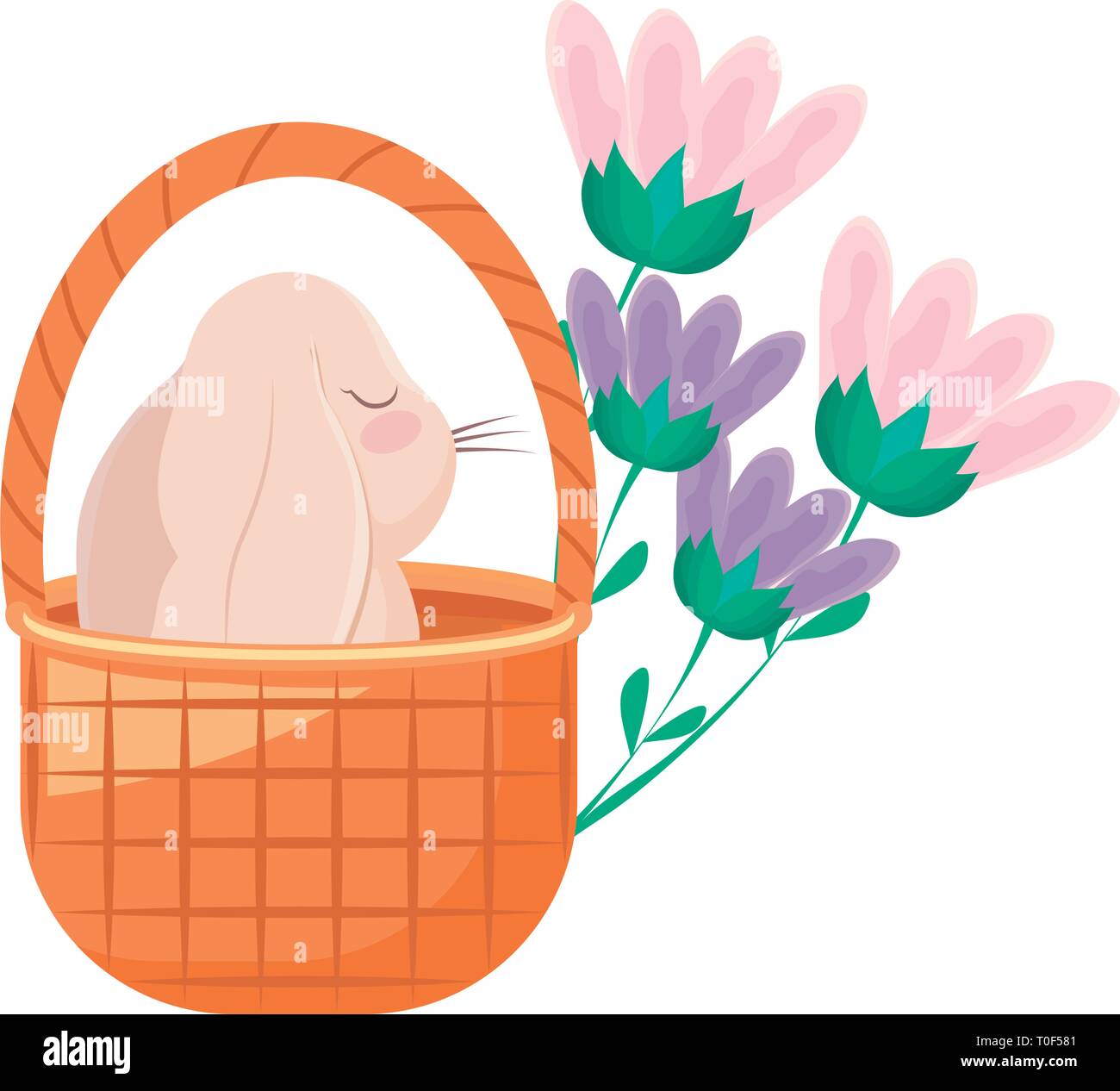 cute rabbit in basket wicker with flowers vector illustration design ...