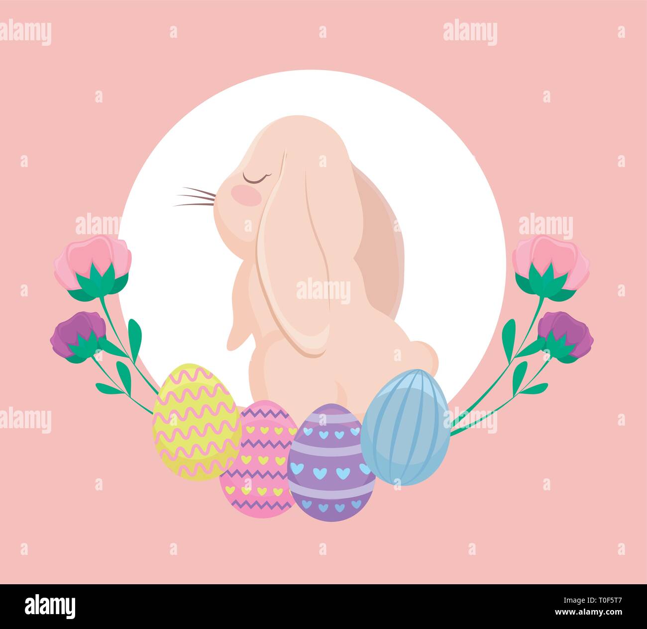 cute rabbit with eggs of easter and flowers vector illustration design ...