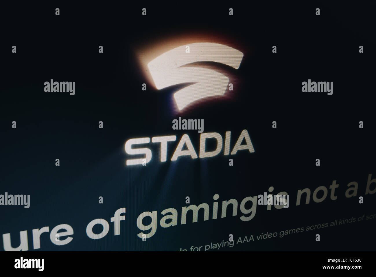 Stadia, a new gaming platform, logo on Google's webpage is seen on laptop computer screen Stock Photo